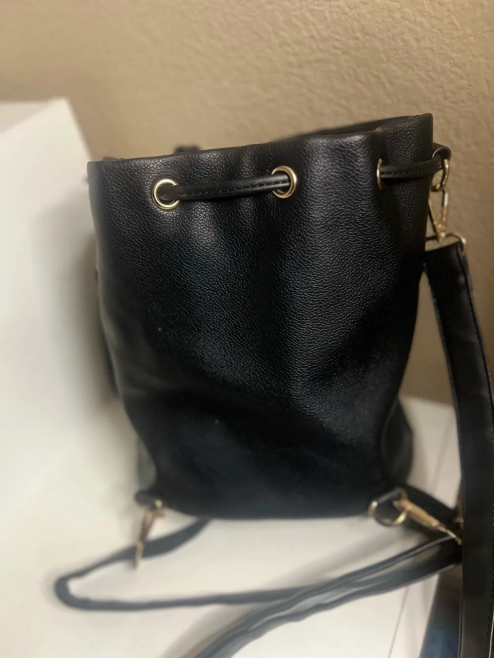 Grossi Black Faux Leather Mini Backpack Drawstring Bucket Bag Gold Chain